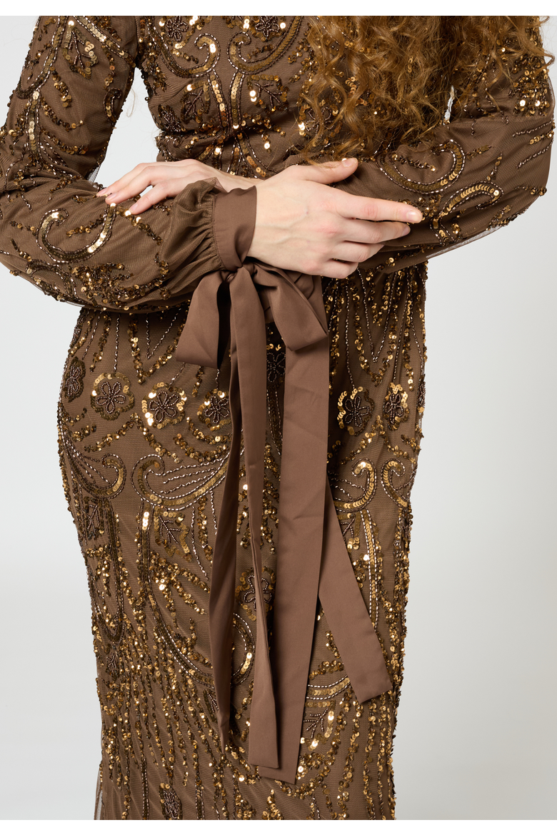 Modest Embellished Sequin Beaded Dress Maxi With Ribbon Design Sleeves, Alternate, color, CHOCOLATE