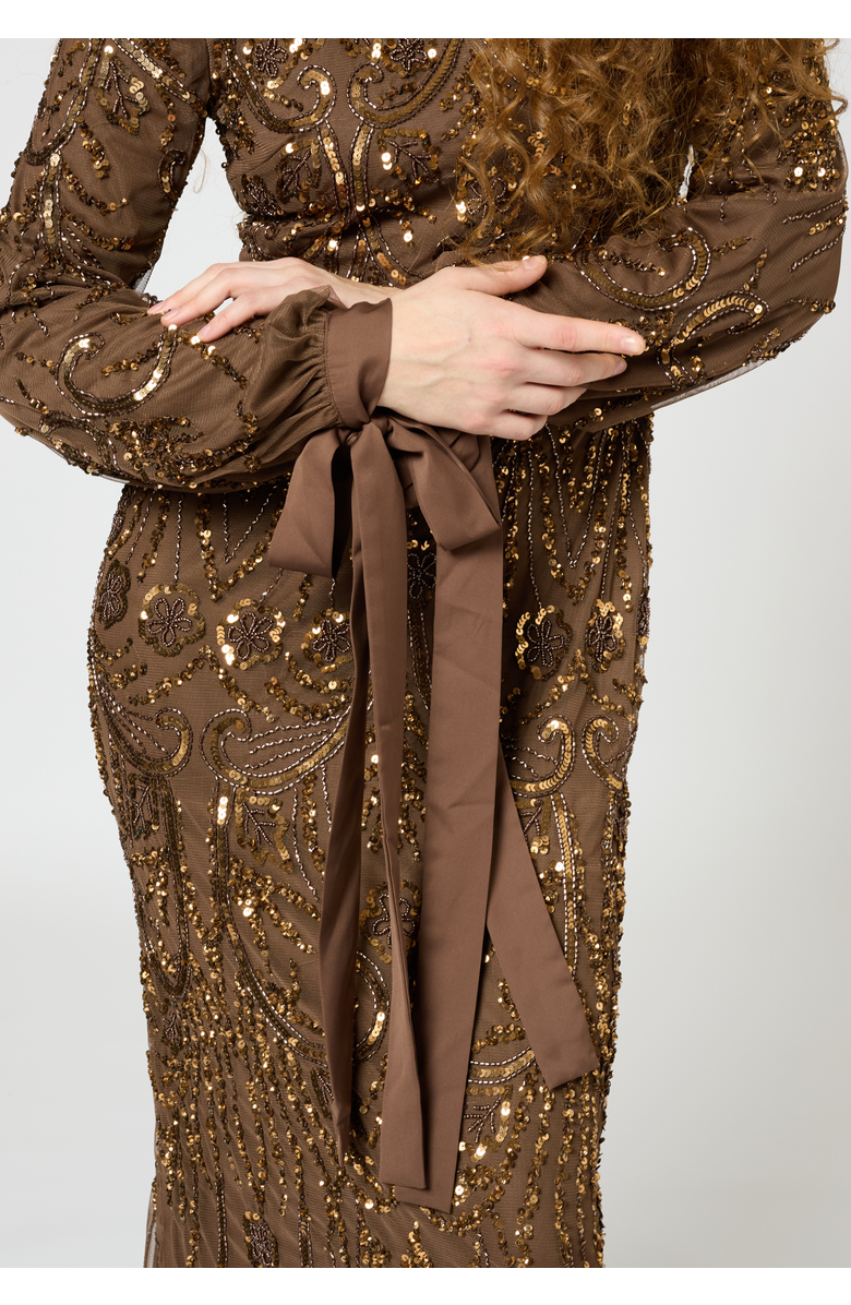MARYISA Modest Embellished Sequin Beaded Dress Maxi With Ribbon Design Sleeves, Alternate, color, Chocolate