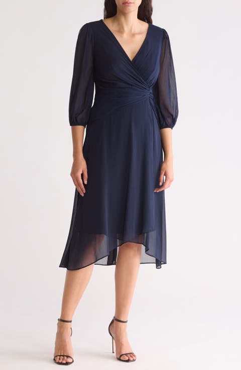 Puff Sleeve Faux Wrap Midi Dress