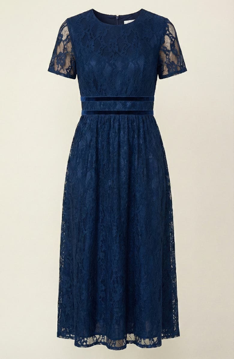 Modenaire Lace Midi Dress with Sheer Short Sleeves and Velvet Waistband Detail, Alternate, color, Navy