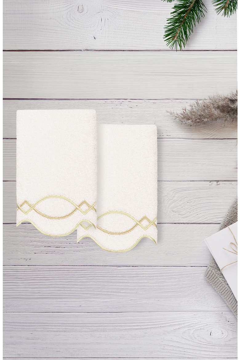Diamond Chain Scallop Pack of 2 Fingertip Towels, Alternate, color, WHITE/ BEIGE