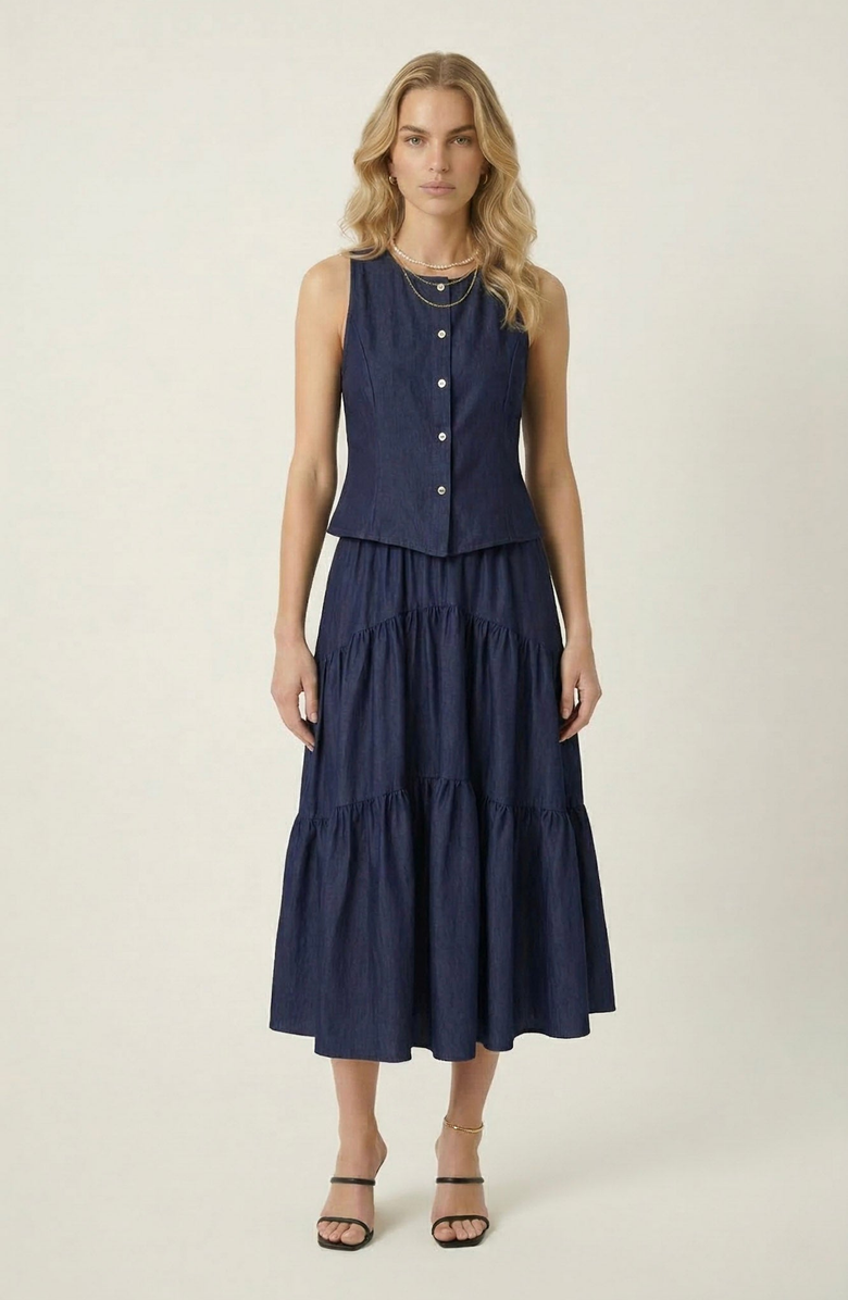 Modenaire Sleeveless Structured Top and Tiered Midi Skirt Set, Main, color, Navy Blue