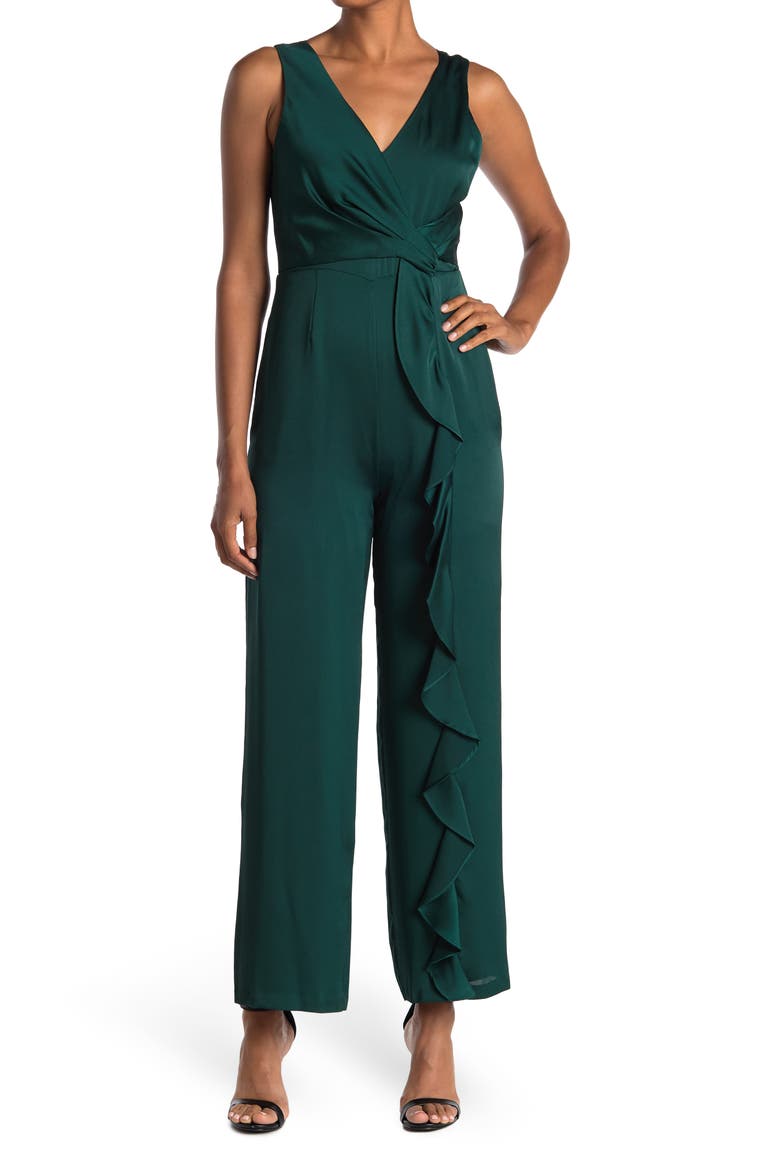 V-Neck Sleeveless Ruffled Jumpsuit, Main, color, EMERALD