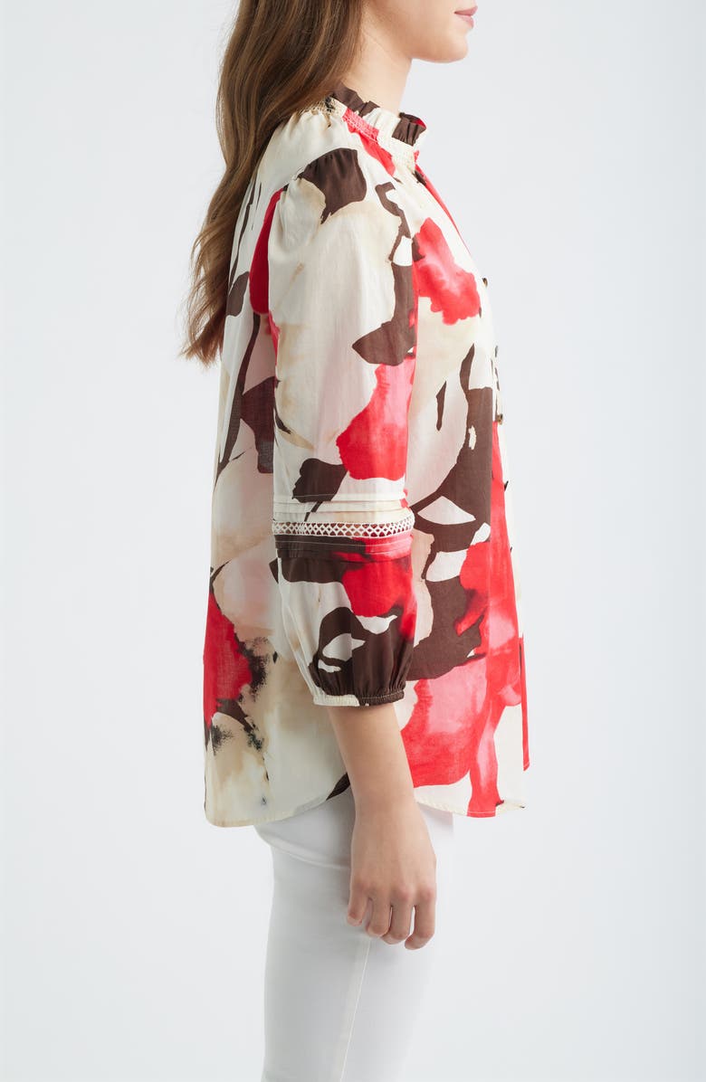 Anne Klein Ruffle Neck Cotton Button-Up Shirt, Alternate, color, White Dove Multi