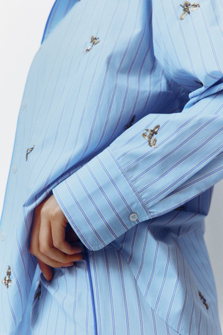 Embellished Cotton Pyjama Shirt, Alternate, color, Light blue/striped