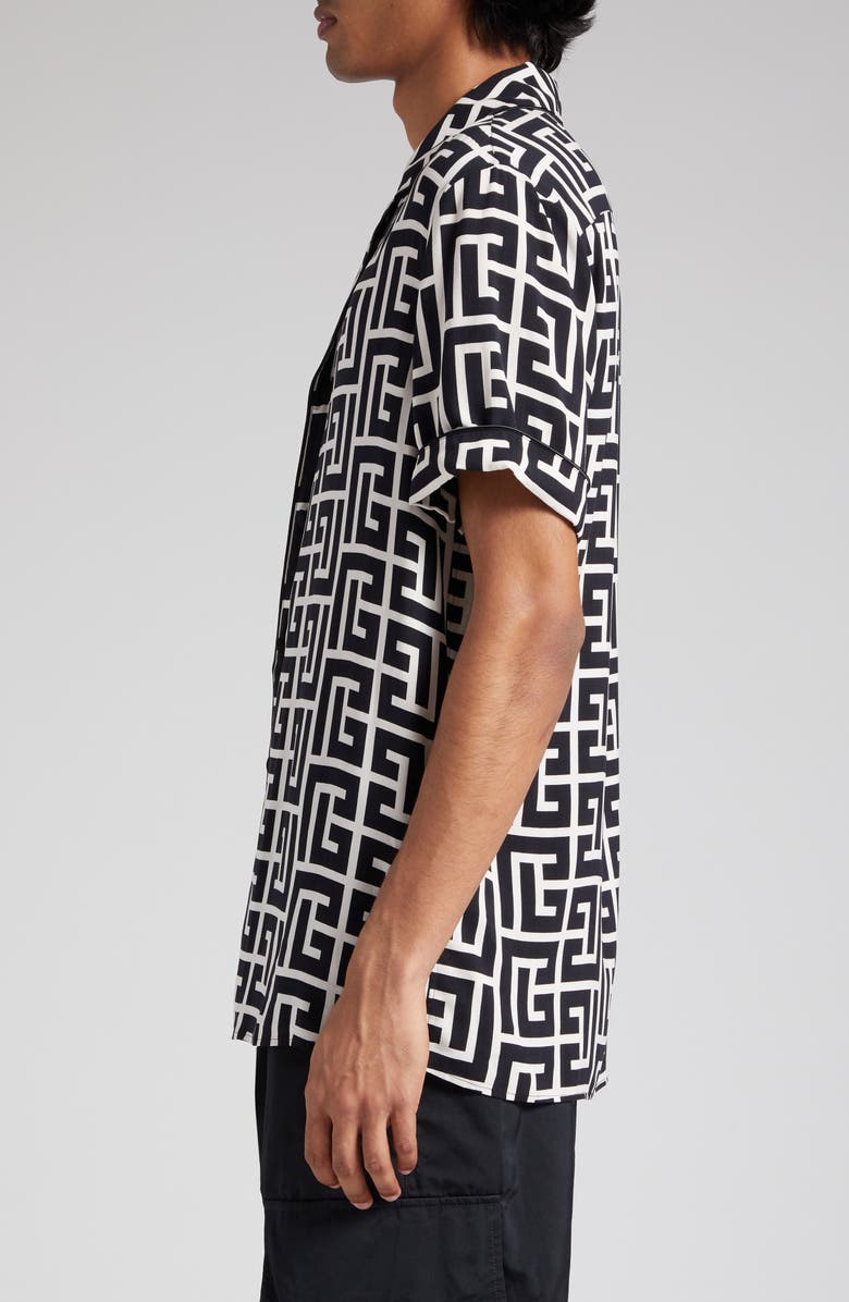 Balmain Macro Monogram Short Sleeve Pajama Shirt, Alternate, color, Ivory/ Black