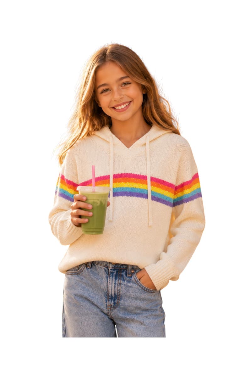 Girls' Rainbow Stripe Hooded Sweater - Big Kid, Main, color, Ivory