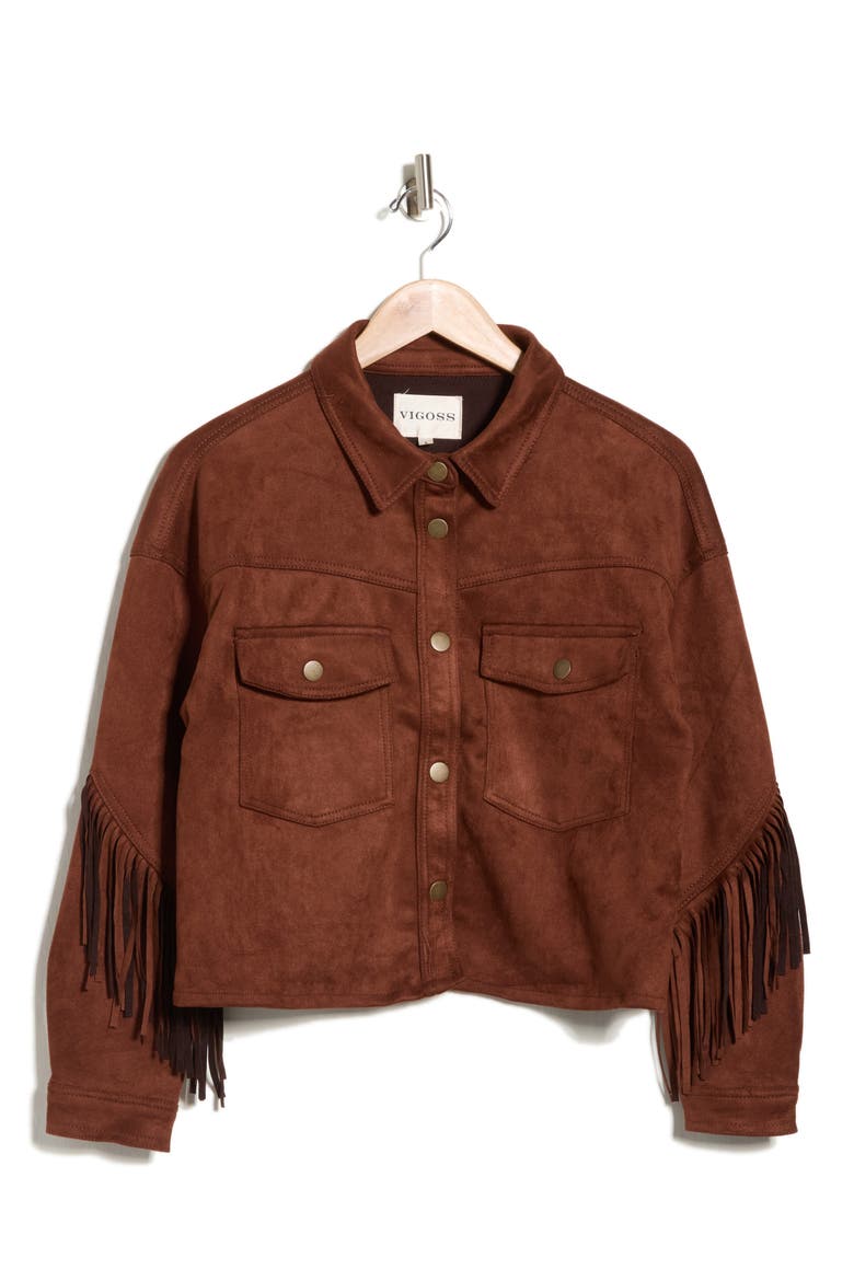 Fringed Faux Suede Shirt Jacket, Alternate, color, CHOCOLATE