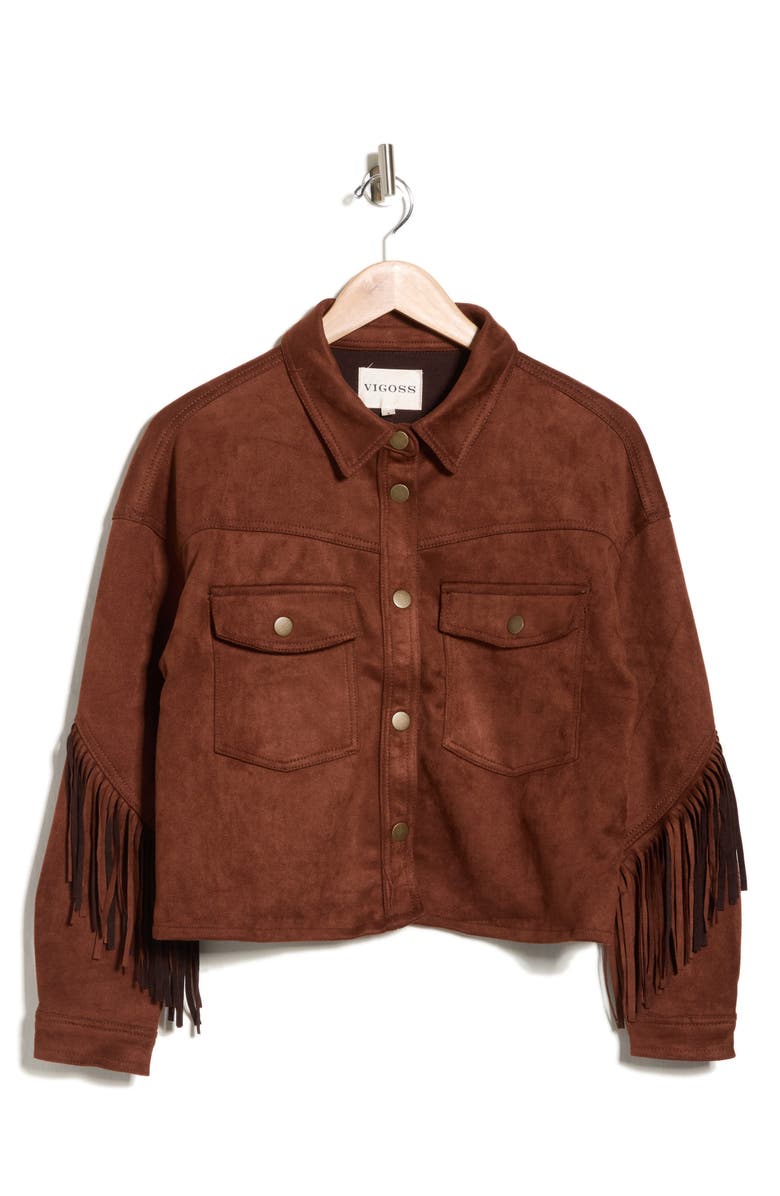 Vigoss Fringed Faux Suede Shirt Jacket, Alternate, color, Chocolate
