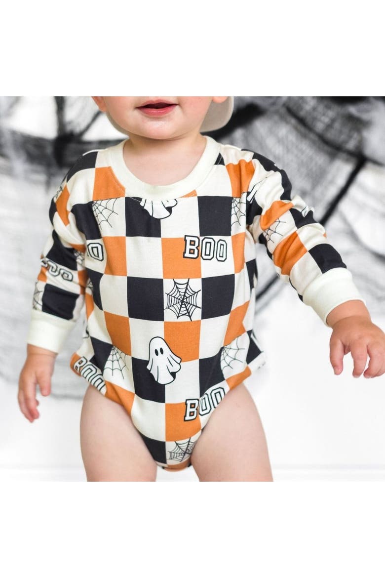 Boo Checkered Halloween Long Sleeve Romper, Alternate, color, Natural