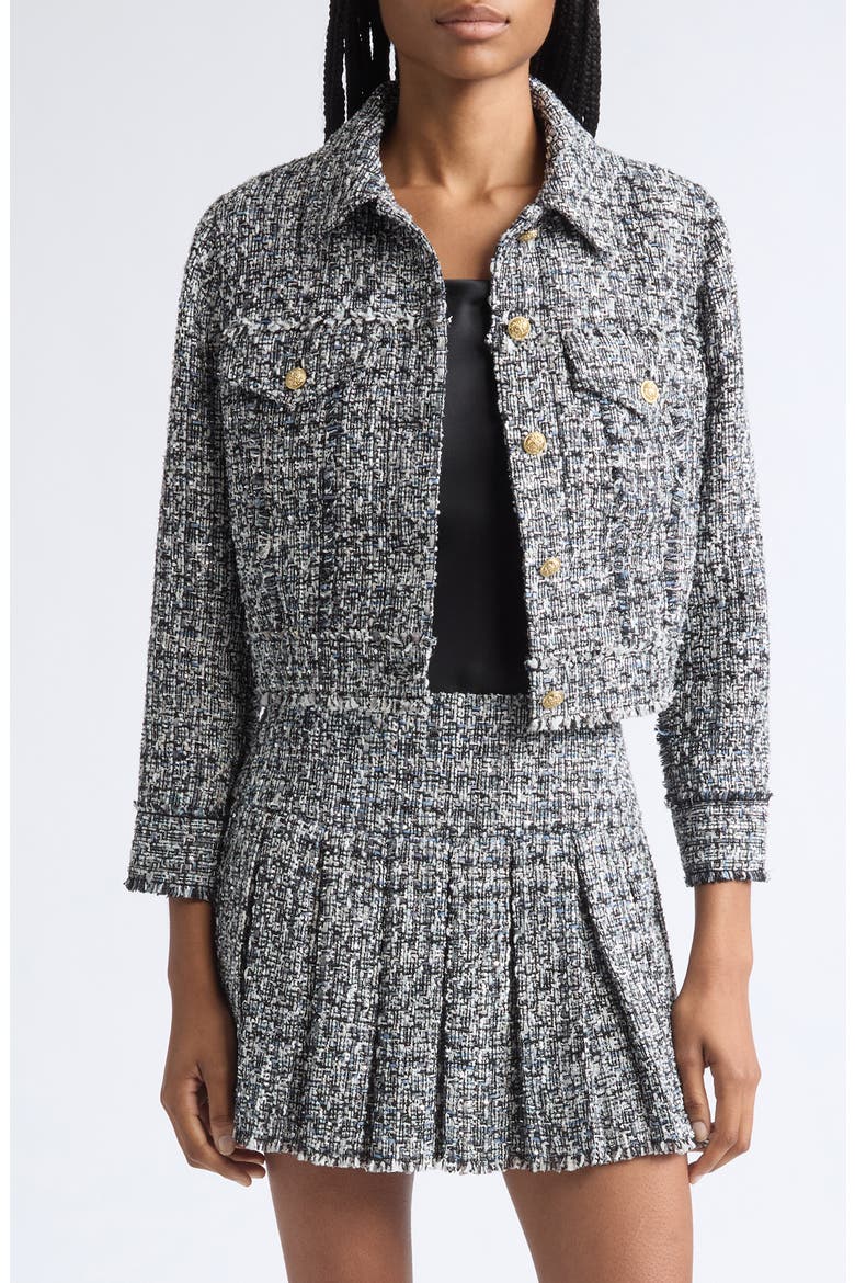 Chloe Cropped Boxy Tweed Jacket, Main, color, BLACK/ OFF WHITE
