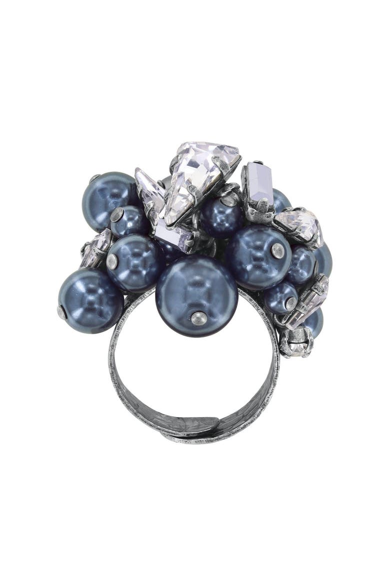 Spikes and Pearls Cluster Statement Ring, Alternate, color, Black/white / Antique Silver