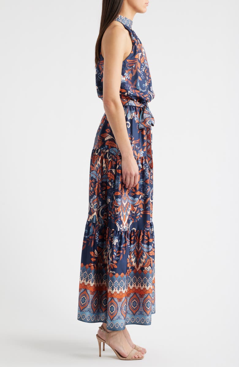 Julia Jordan Sleeveless Tiered Mock Neck Waist Tie Dress, Alternate, color, Navy