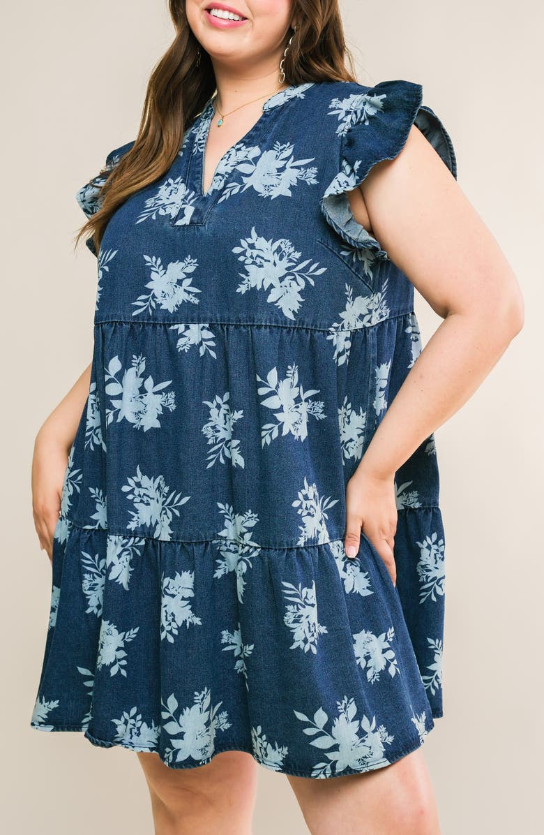 FLYING TOMATO Printed Denim Babydoll Dress, Alternate, color, Blue White