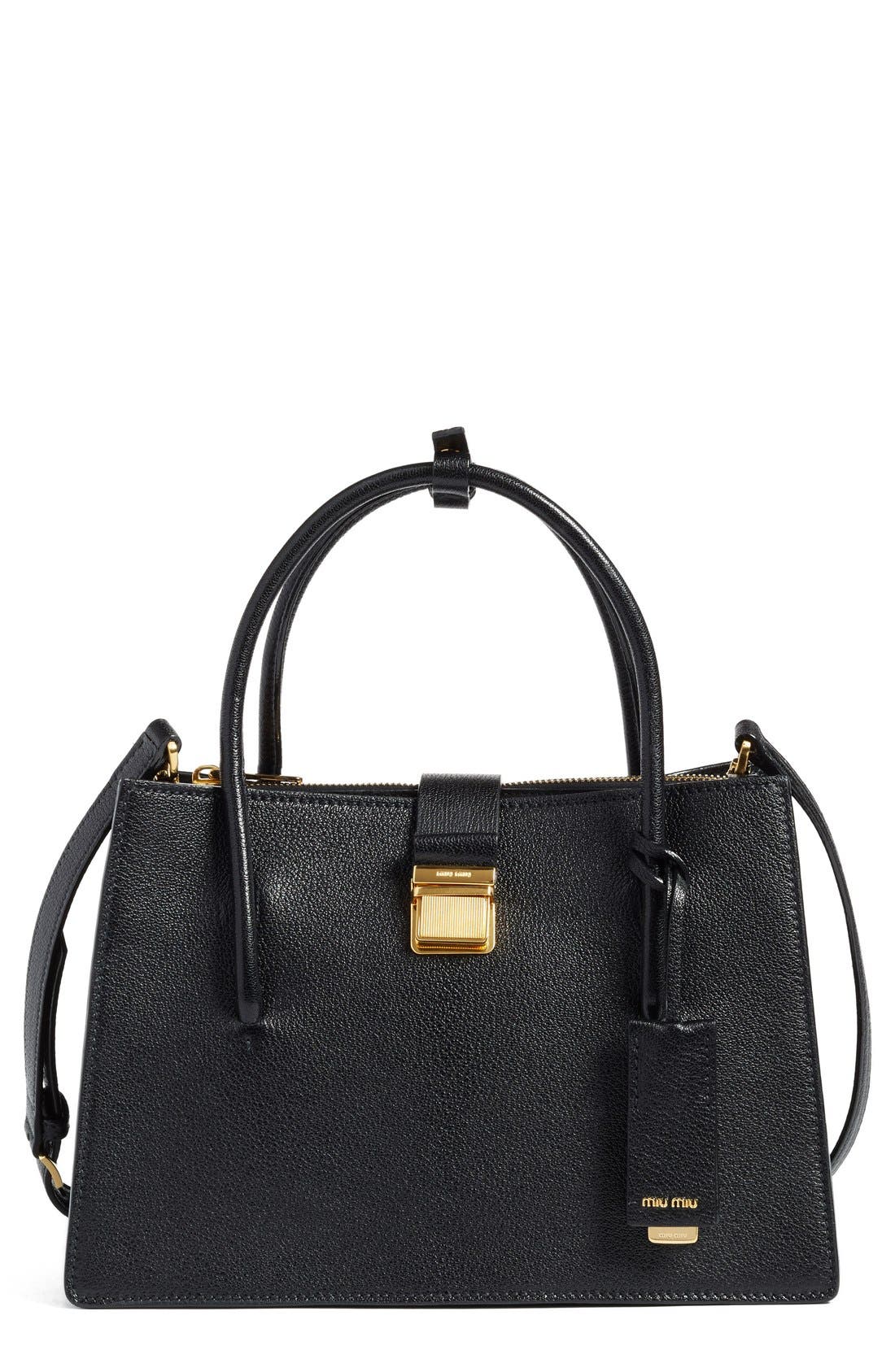 Miu Miu 'Small Madras' Goatskin Leather Satchel, Main, color, 