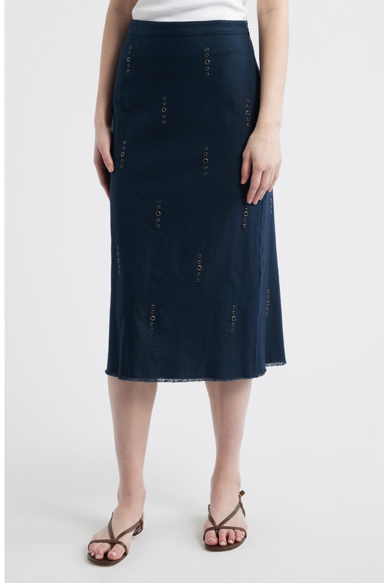 Aubrey Grommet Trim Linen & Cotton Midi Skirt, Main, color, SAL