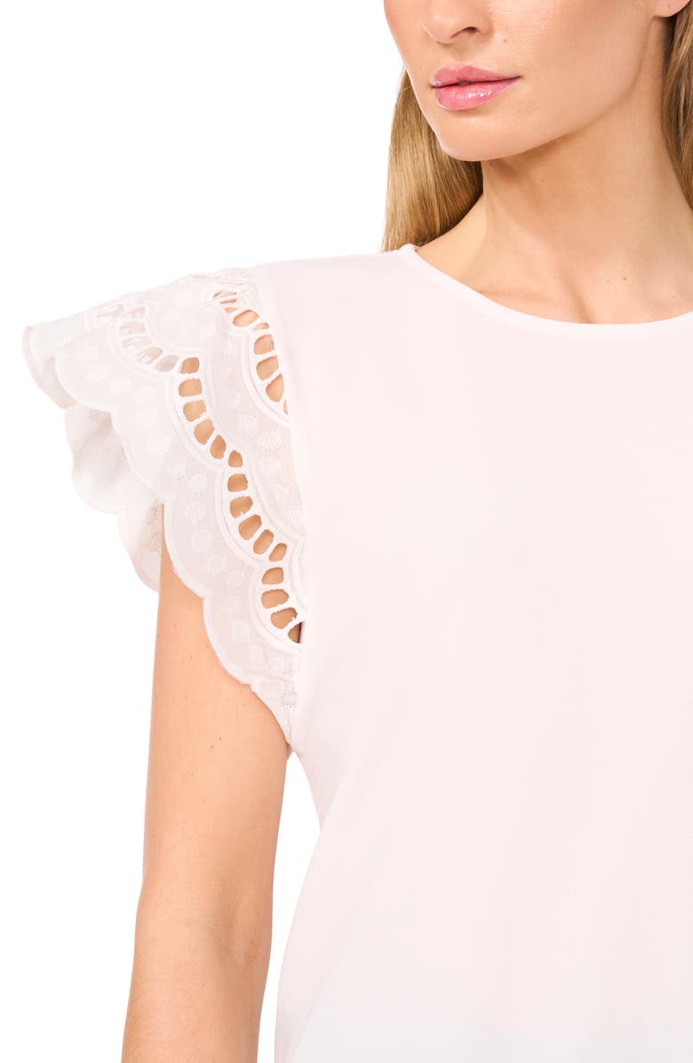CeCe Embroidered Flutter Sleeve Mixed Media Top, Alternate, color, New Ivory