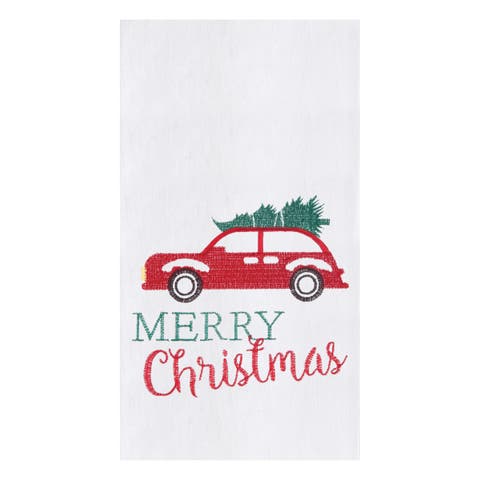 Holiday "Merry Christmas" Sentiment Featuring Red Car with Tree Cotton Flour Sack  Kitchen Towel 27L x 18W in.