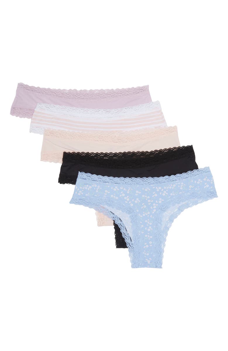 Honeydew Petra Mid Rise Thong Underwear - Pack of 5, Alternate, color, Cove Ditsy/Imperial/Black