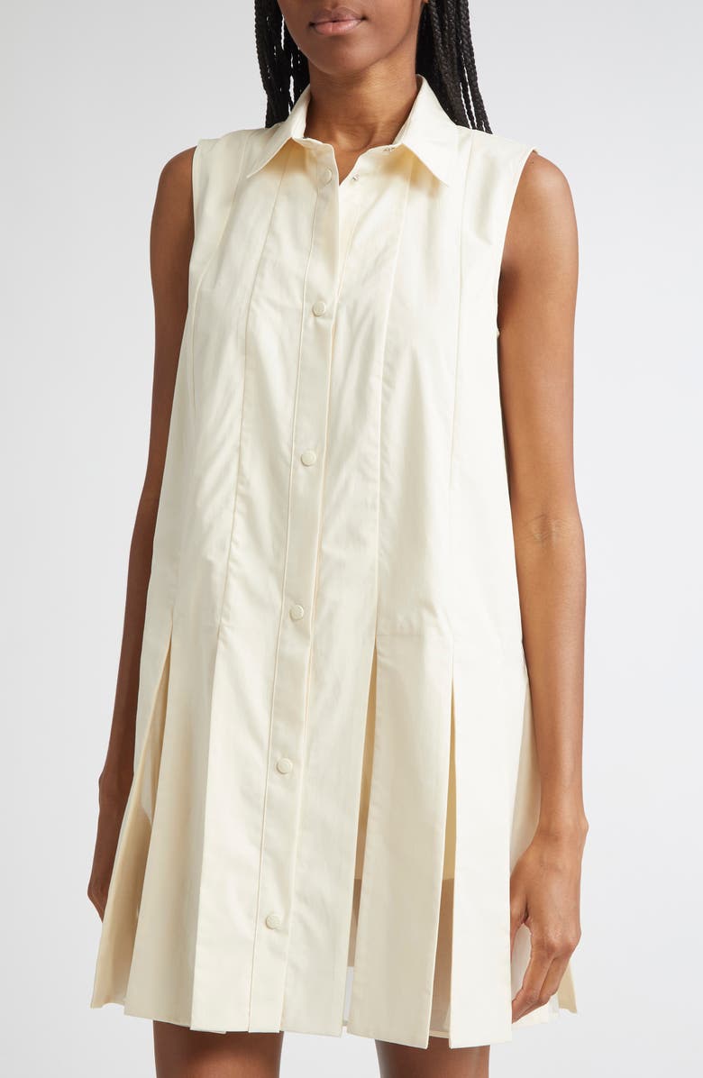 Moncler Pleated Organic Cotton Poplin & Silk Organza Mini Shirtdress, Alternate, color, White