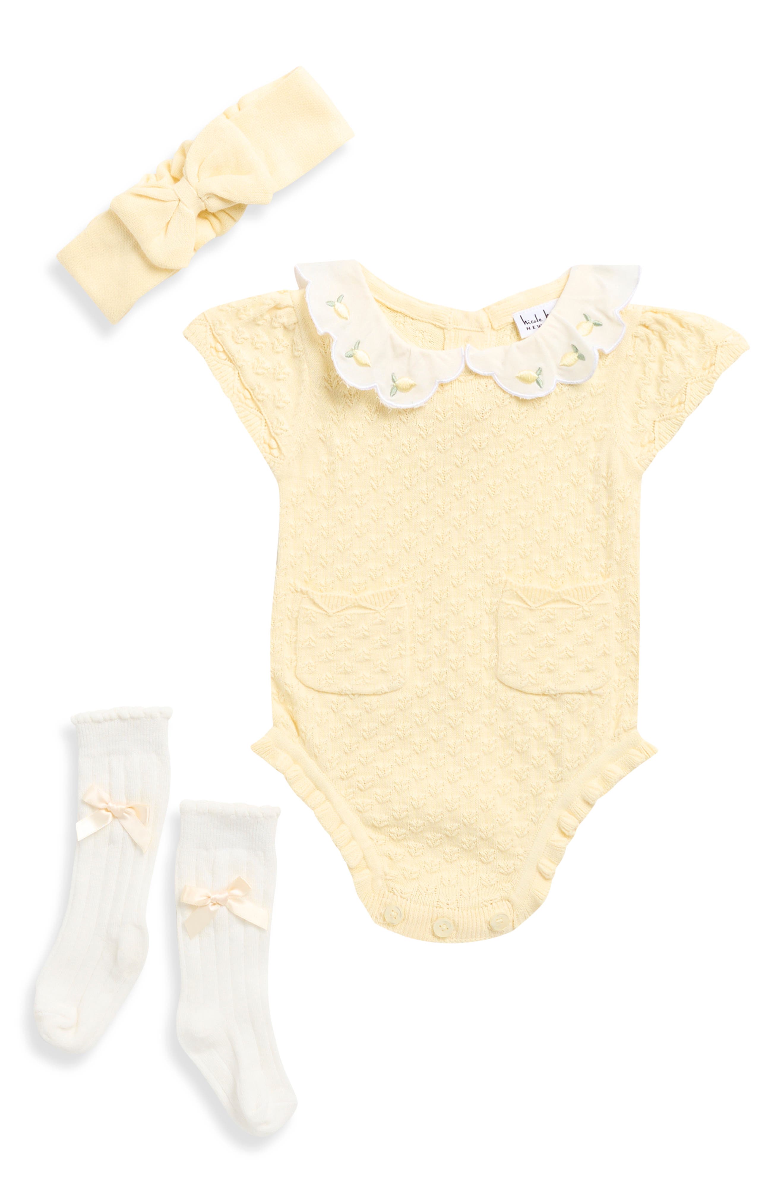 Nicole Miller Lemon Embroidered Sweater Bodysuit, Headband & Socks Set