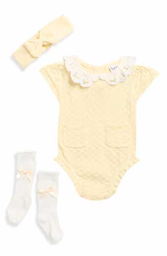 Nicole Miller Lemon Embroidered Sweater Bodysuit, Headband & Socks Set
