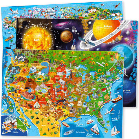 Educational Jigsaw Puzzles for Kids & Adults - Map & Space Puzzle Set