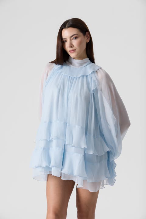 Tiered Ruffle Silk Chiffon Tunic Mini Dress