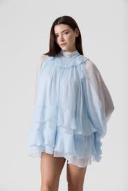 Le Fafo Tiered Ruffle Silk Chiffons Tunic Mini Dress
