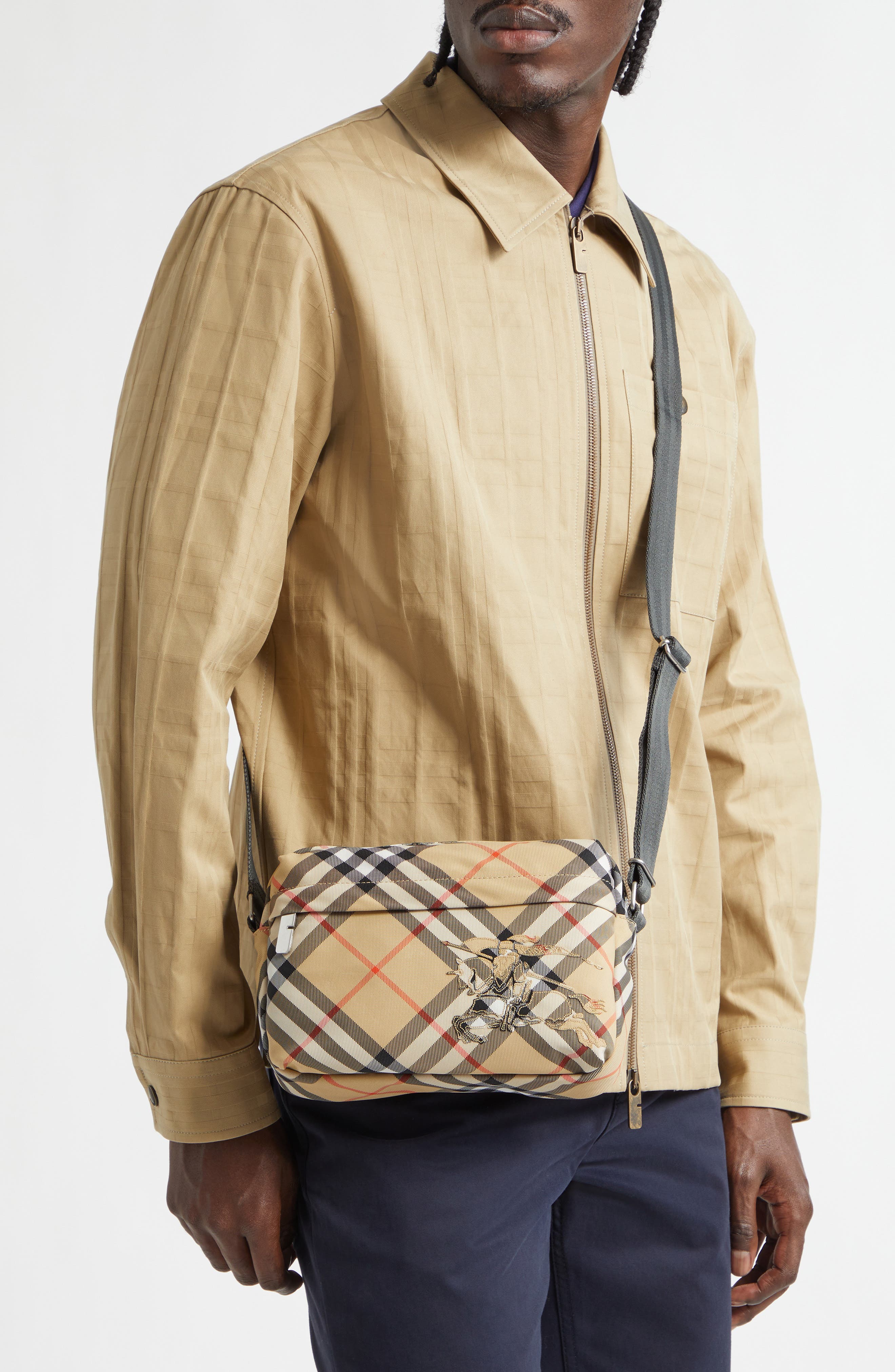 Burberry Equestrian Knight Check Canvas Crossbody Bag, Alternate, color, Sand