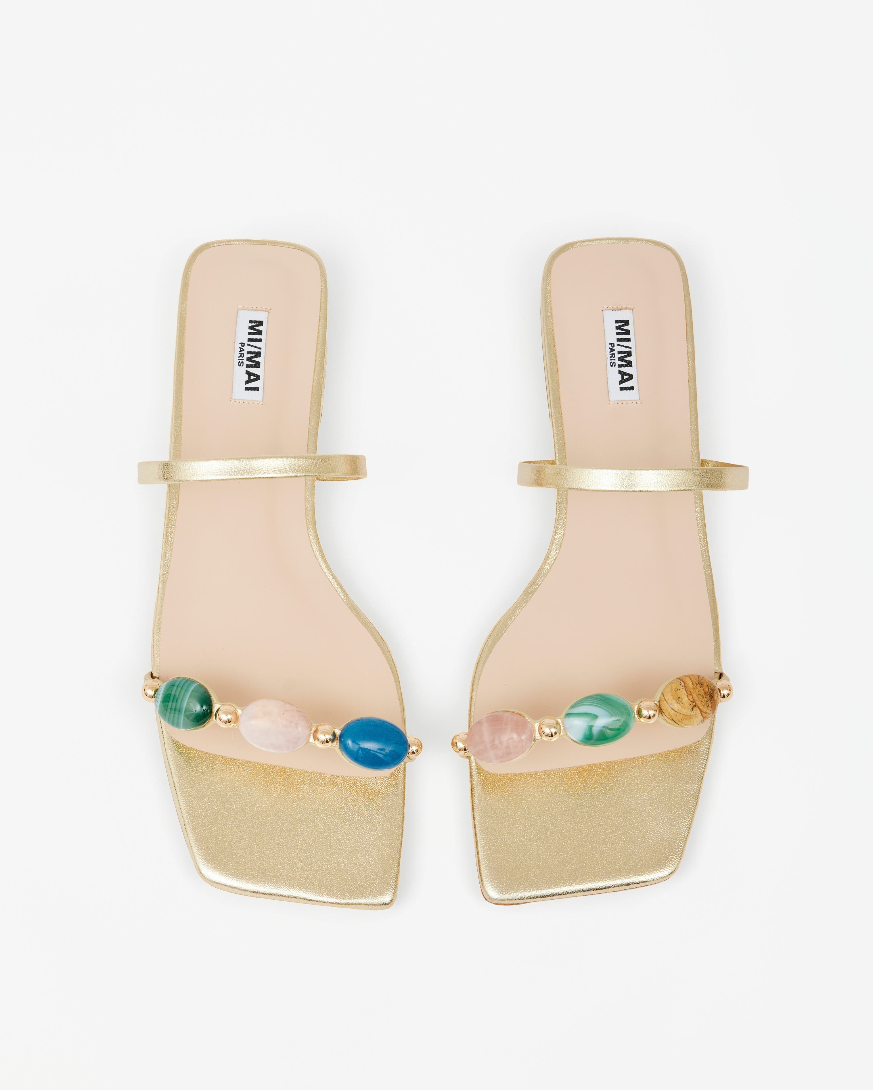 Thetis Cabochon Embellished Flat Mules, Alternate, color, Gold