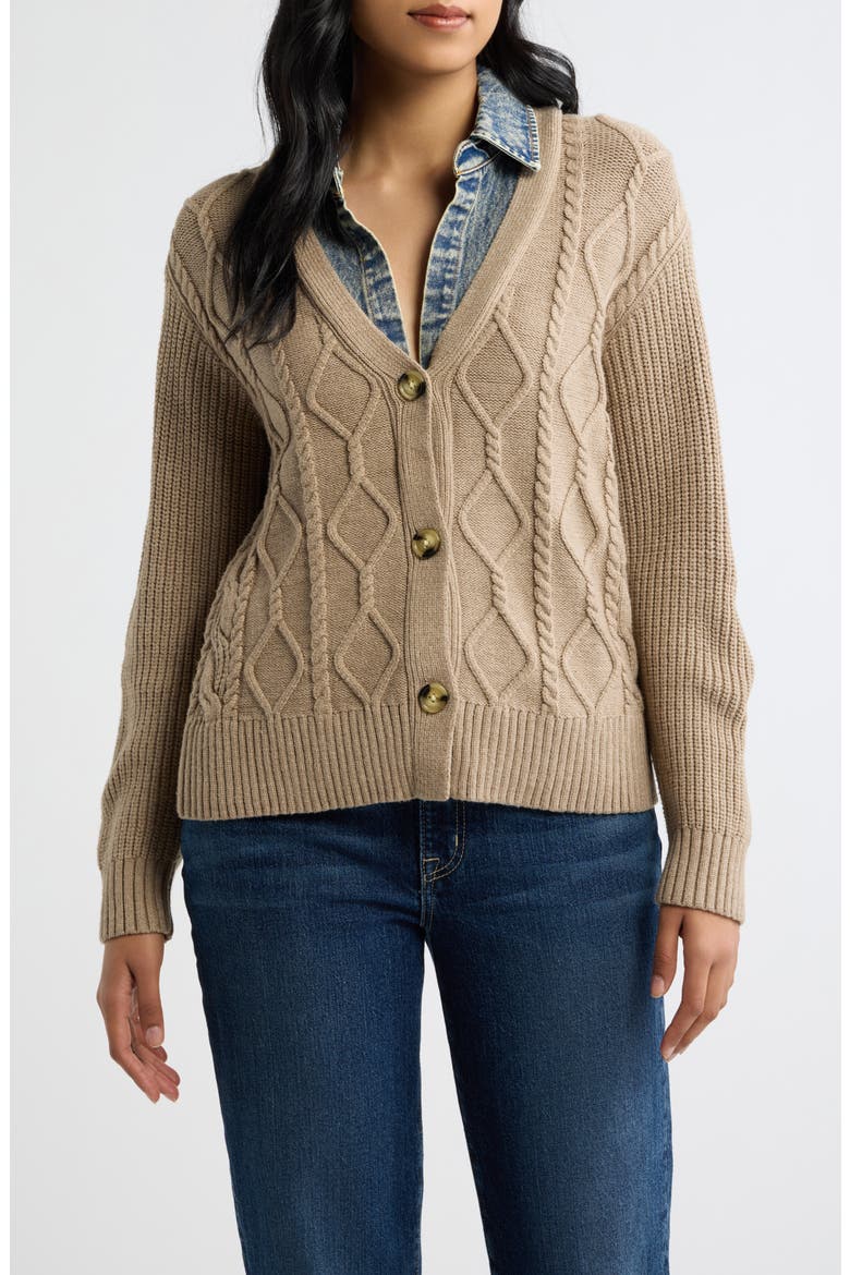 Denim Trim Cable Stitch Cardigan, Main, color, TAN
