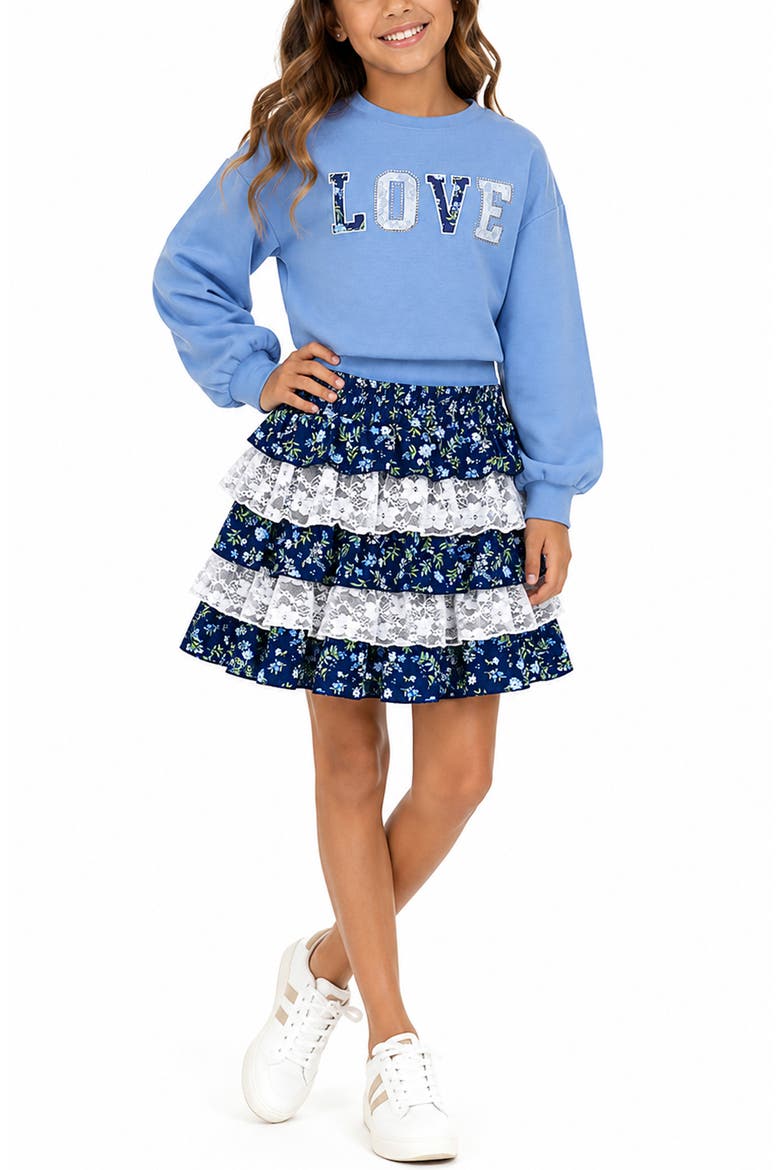 Kids' 2-Piece Top & Tiered Lace Skirt Set, Alternate, color, BLUE