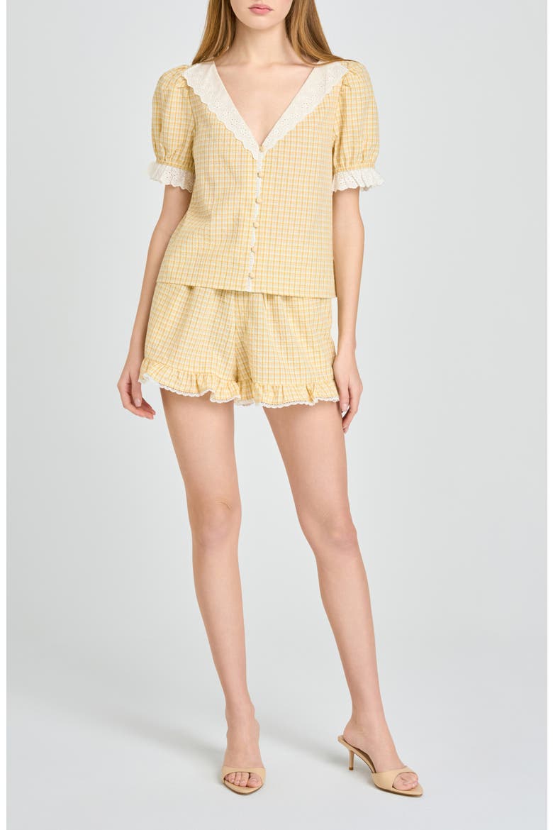 Emma Eyelet Trim Plaid Button-Up Top, Alternate, color, YELLOW