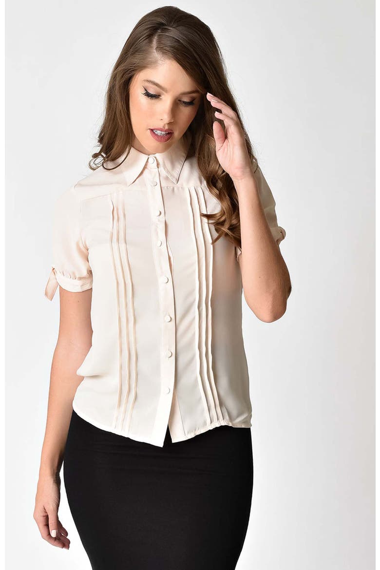 1950s Tie Cuff Blouse, Main, color, Cream