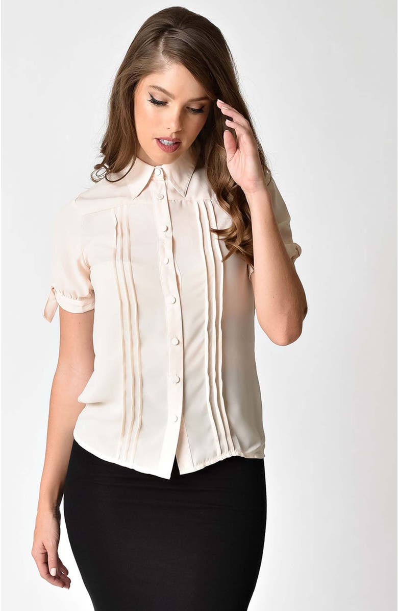 Unique Vintage 1950s Tie Cuff Blouse, Main, color, Cream