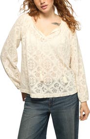 Lucky Brand Lace Long Sleeve Cotton Peasant Top