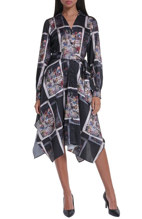 Scarf Print Long Sleeve Handkerchief Hem Twill Shirtdress