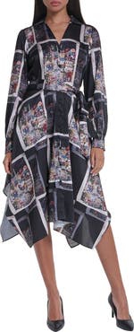 KARL LAGERFELD PARIS Scarf Print Long Sleeve Handkerchief Hem Twill Shirtdress