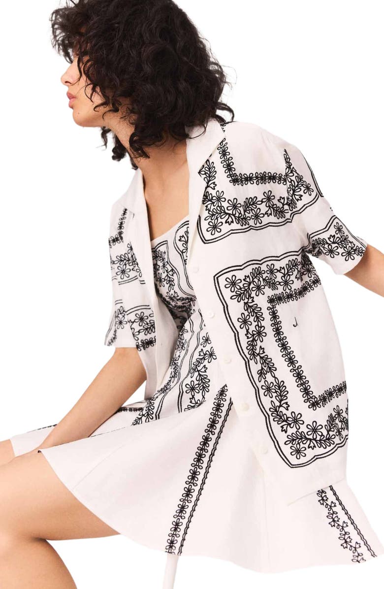 maje Short-sleeved embroidered shirt, Alternate, color, Ecru / Black