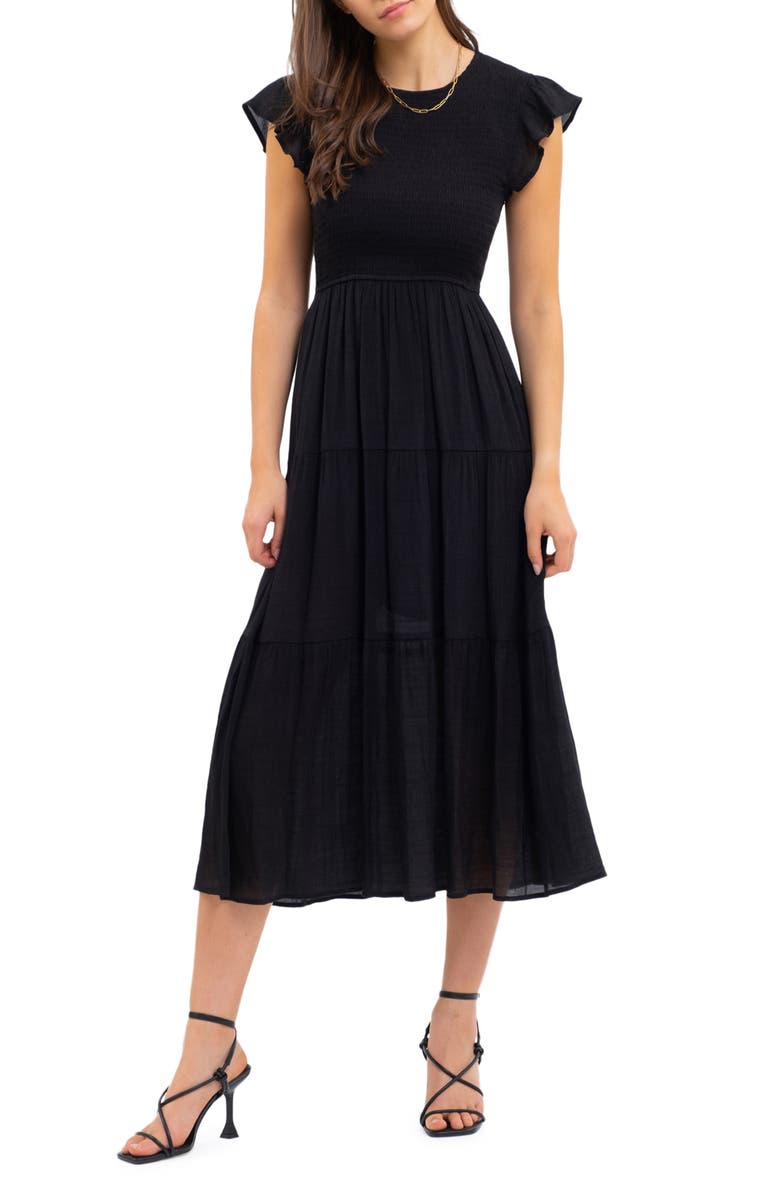 Blu Pepper Smocked Flutter Sleeve Tiered Midi Dress, Main, color, 