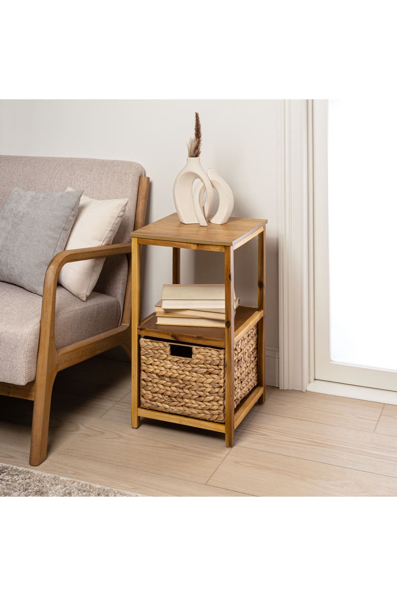 Cohen Coastal Bohemian Handcrafted Acacia Wood 2-Tier Storage Cabinet with 1 Water Hyacinth Woven Basket, Alternate, color, Natural