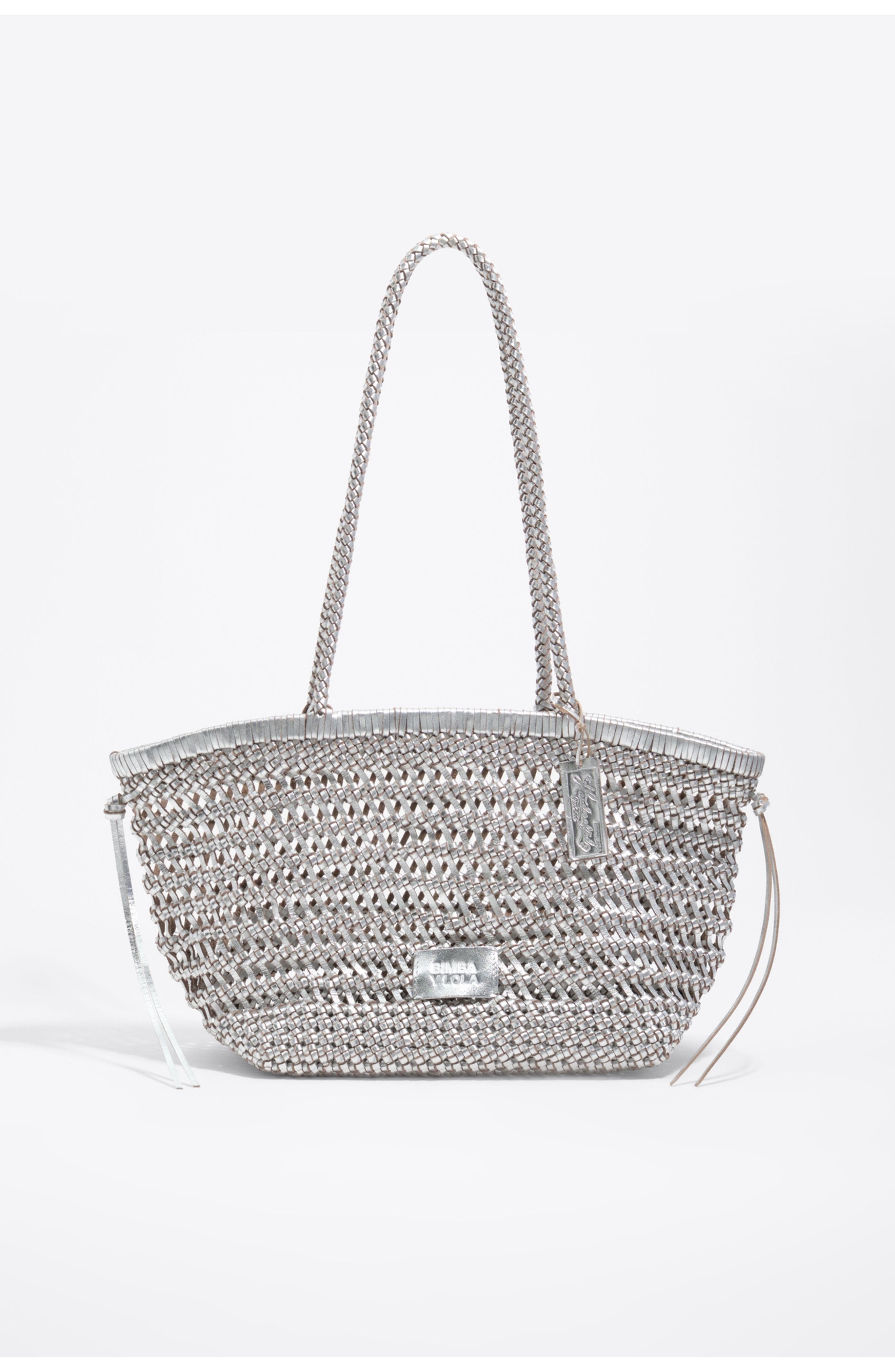Bimba y Lola Plaited Leather Shopper Bag, Main, color, Silver