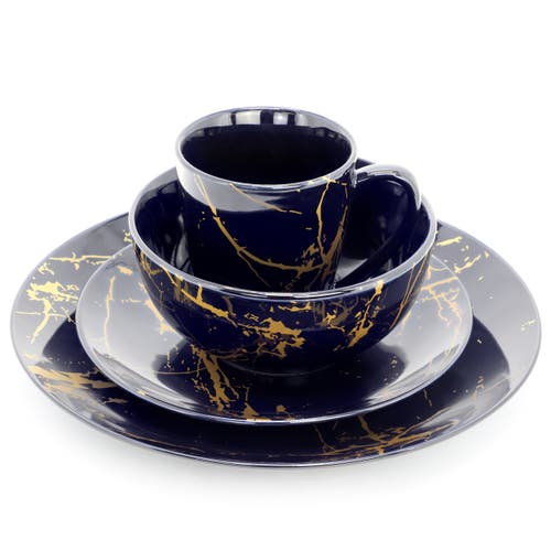 Elama Fine Marble 16 Piece Porcelain Dinnerware Set In Black
