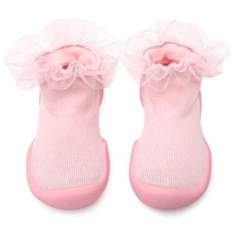 Toddler Girl Sock Shoes Tulle Trim - Beige