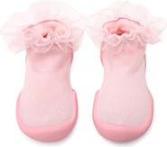 Komuello Toddler Girl Sock Shoes Tulle Trim - Beige