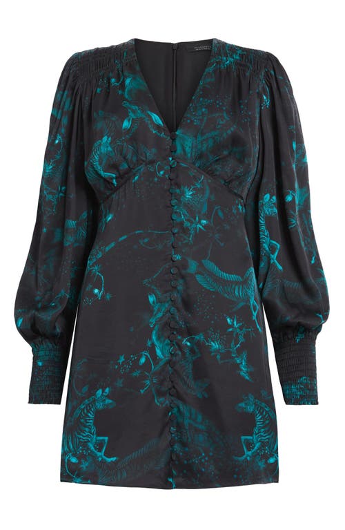 Allsaints Auden Cosmic Print Long Sleeve Minidress In Emerald Green