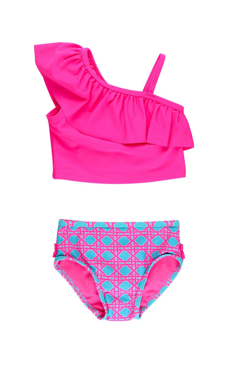 RuffleButts Girls One Shoulder Ruffle UPF50+ Tankini, Main, color, Neon Sorbet Cane