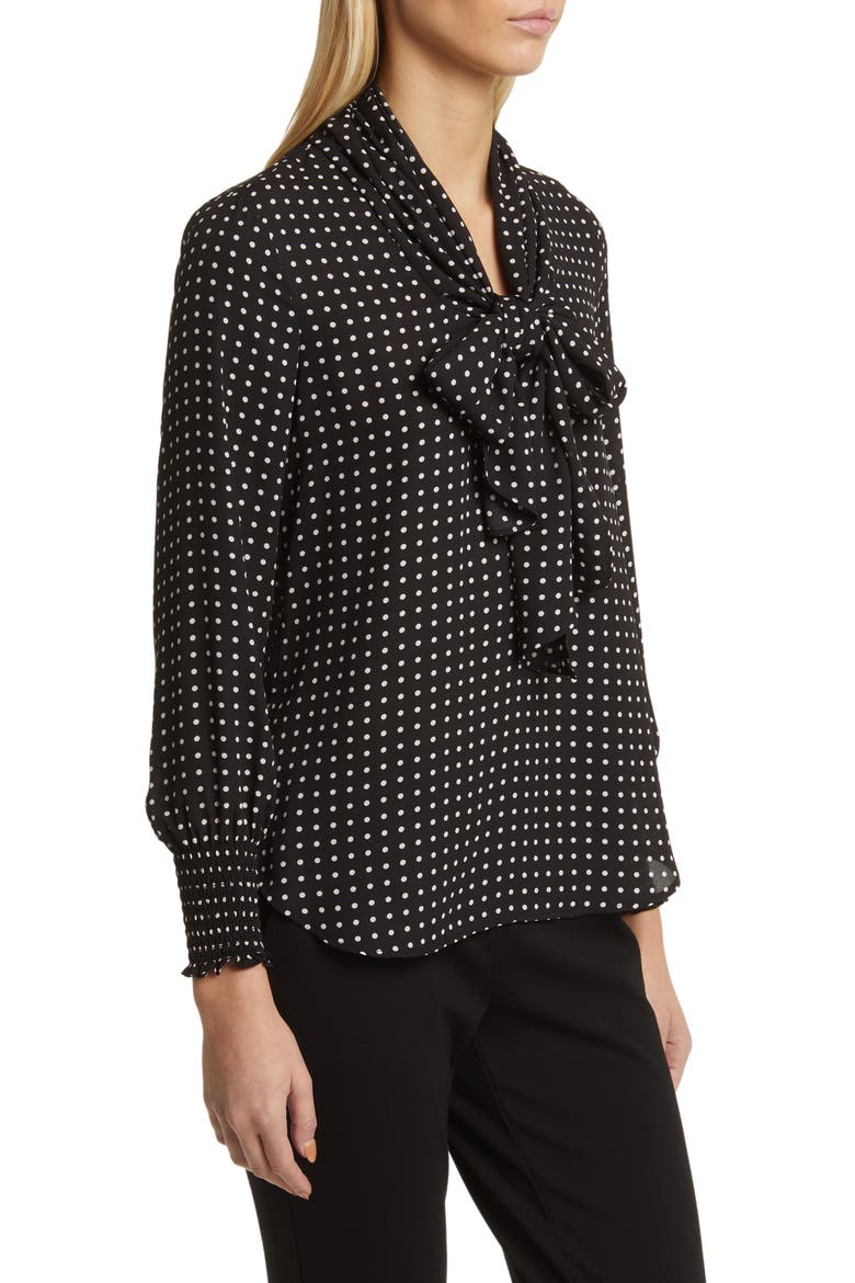 Crêpe de Chine Tie Neck Blouse, Alternate, color, ANNE BLACK/ ANNE WHITE