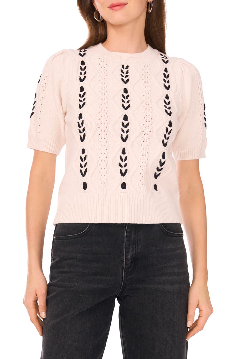 1.STATE Short Sleeve Cable Knit Sweater, Main, color, Snow Cream